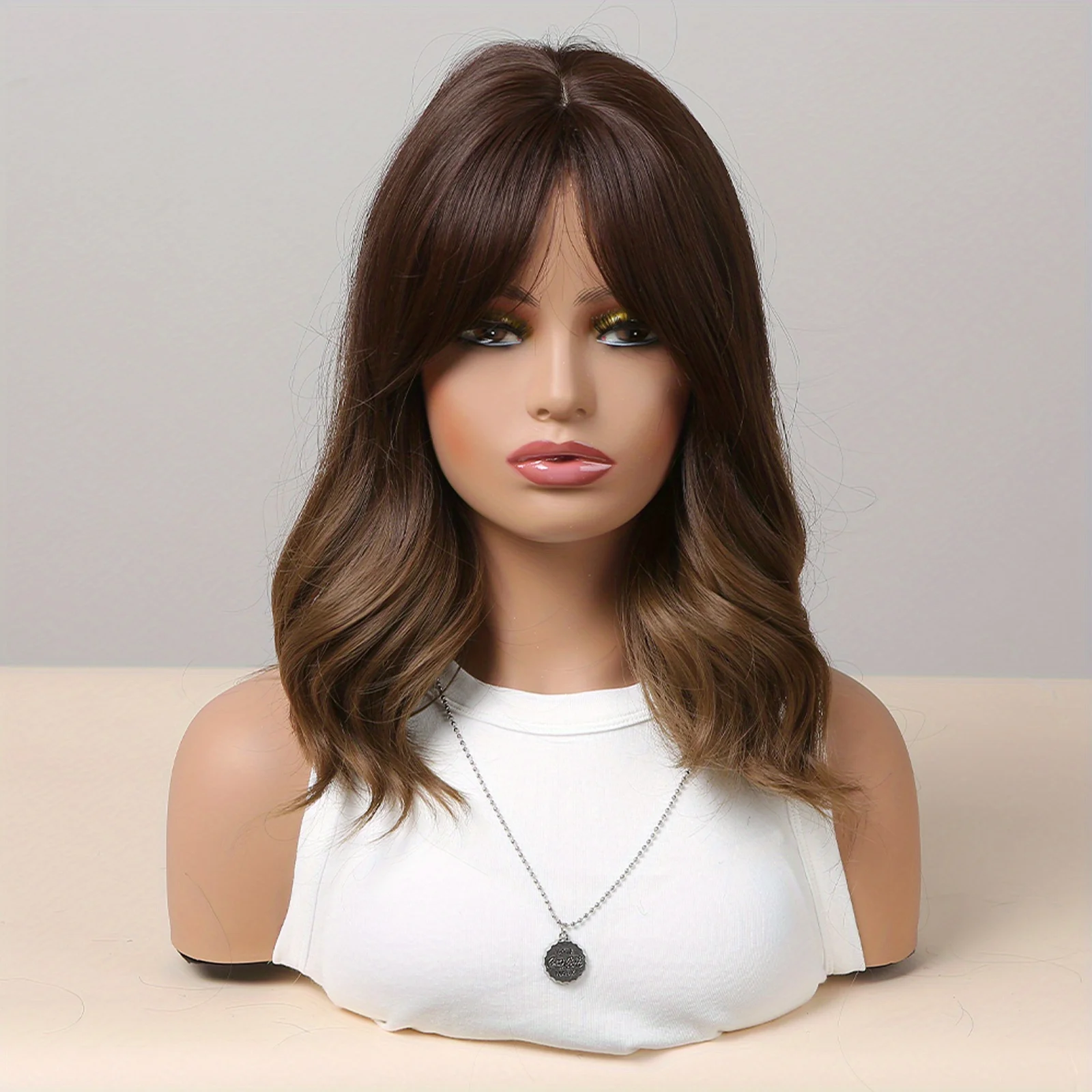 Factory Wholesale Brown Gradient Gold Synthetic Wig With Bangs Wave Layered Wig Curly Natural Wig Durable and Smooth