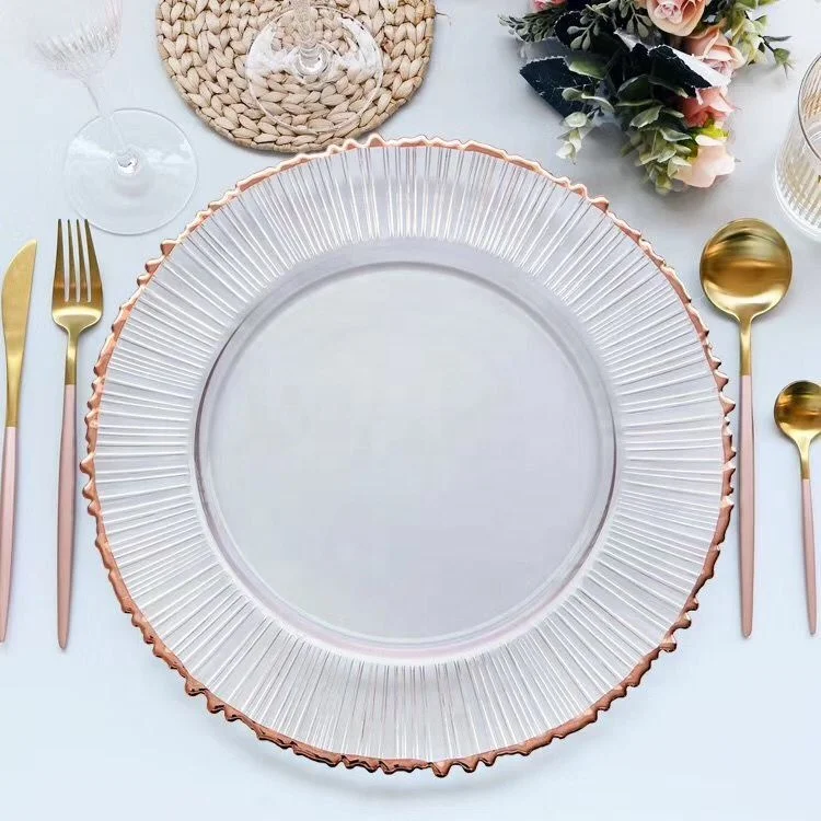 

Wholesale new design gold rim charger plates wedding clear glass tableware