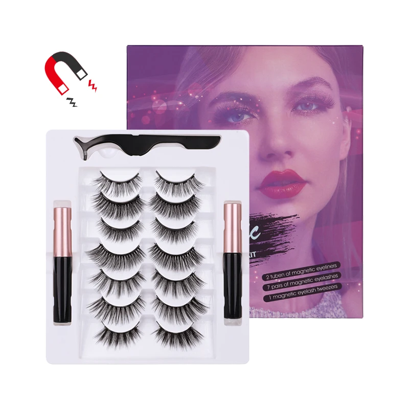 

Wholesale best selling magnetic eyelashes with magnetic liquid eyeliner 7 pairs magnetic lashes and tweezers, Natural black