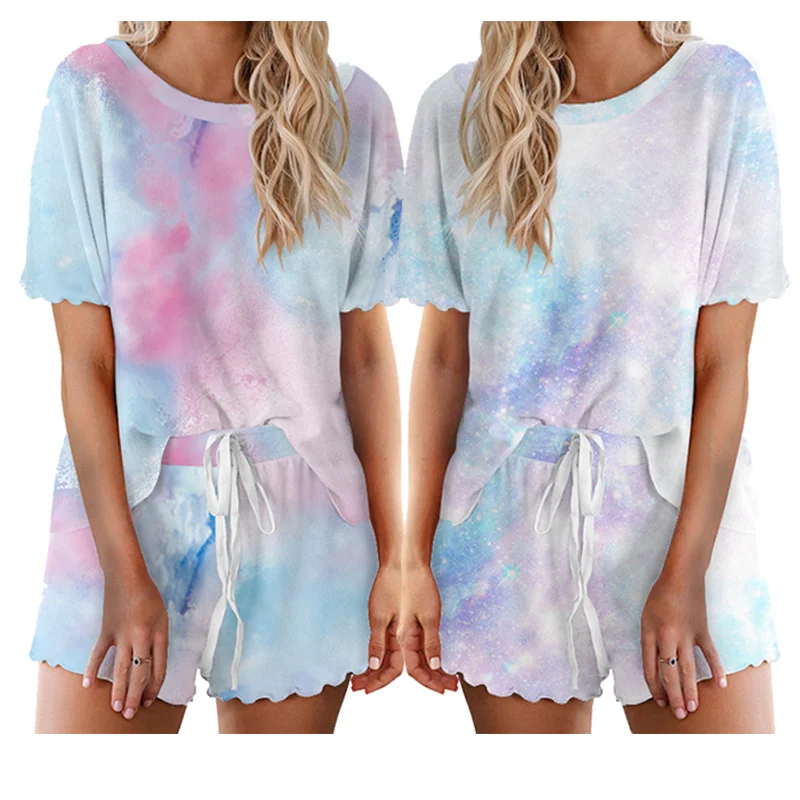 

Women Tie-dye Summer Pajamas Set Homewear Sleepwear Short Sleeve Tshirts Shorts Two Piece Set, 14 color