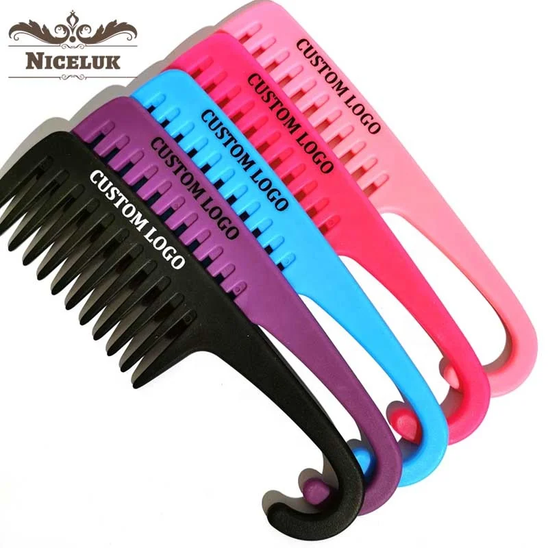 

Niceluk buy wholesale private label black custom plastic hook pink wide tooth detangling shower curly hair comb set with logo