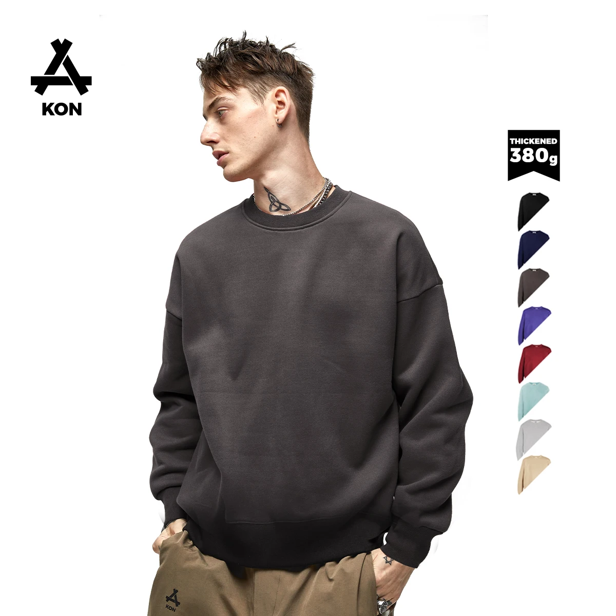

KON wholesale 380g thick high quality men's plain Sweatshirt custom oversize men's round neck sweater & hoodies