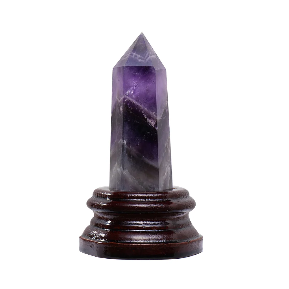 

Natural stone amethyst point crystal column with wooden base healing crystal tower ornament