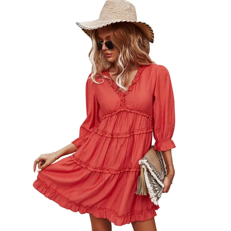 

2021 New Arrival summer Women solid color v-neck button casual dresses women ladies dresses