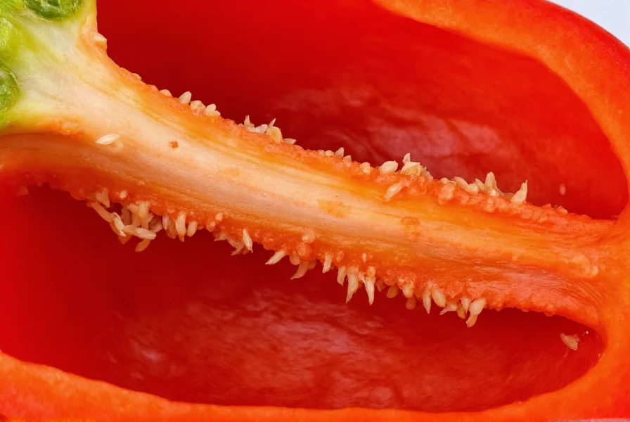Close-up view of red bell pepper showing seeds and interior structure
