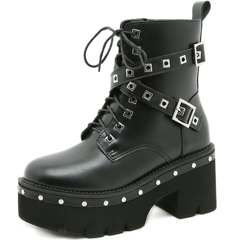 

Dropshipping Custom Logo 2021 New Lady High Heel PU Leather Boot Women's Metal Buckle Rivet Boots Punk Street Style Casual Shoes