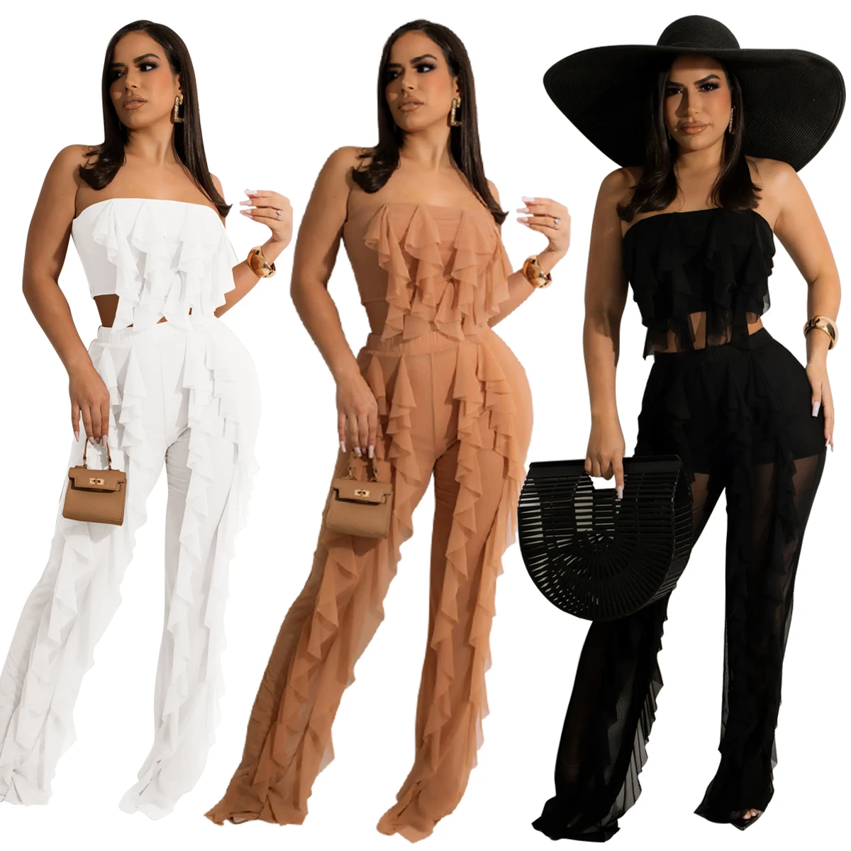 

Summer Clothing Elegant Khaki Two Piece Pants Set Women 2022 Fashionable 2 Piece Women'S Sexy Tube Fringe Ruched Pants Set, White/black/khaki ruched pants set