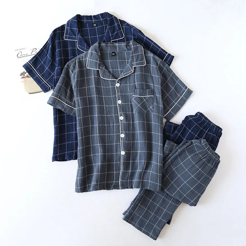 

2021 New Spring And Summer Men's Cotton sleepwear Two-piece Short-sleeved Trousers Simple Plaid Home Service Cover Thin Section