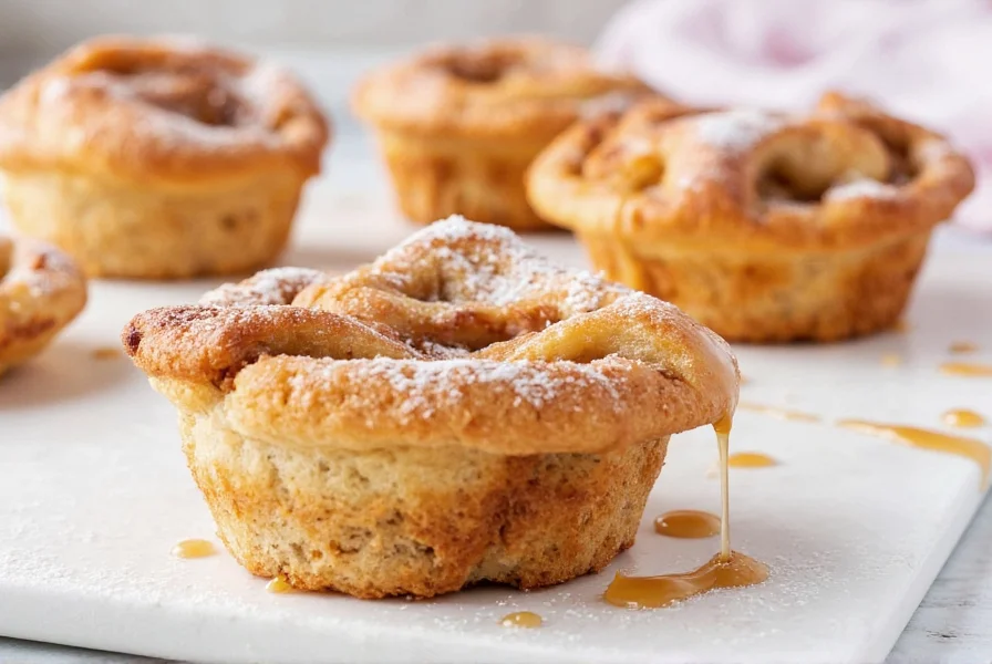 Finished cinnamon roll apple pies with caramel drizzle and powdered sugar