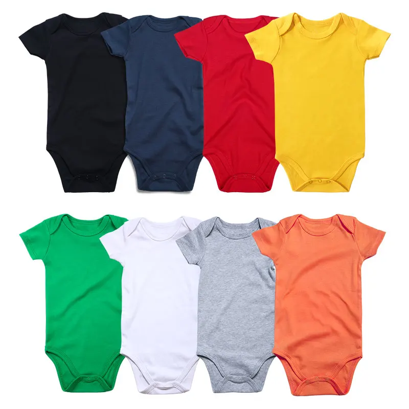 

Ready to Ship Newborn Summer Baby Clothes Solid Color Custom short sleeve romper baby clothes, Black, white, grey,red,blue,orange,purple,green
