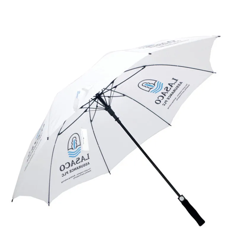 

Big Size Fiberglass White Golf Umbrellas With Logo Prints