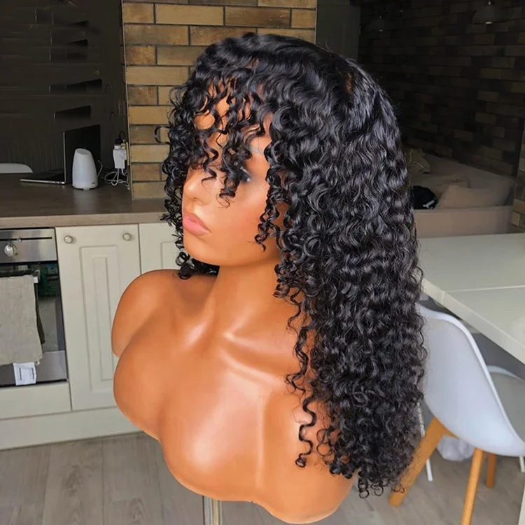 

Kinky Curly Wig With Bangs Remy Brazilian Hair Full Machine Made Wig 200% Density Short Curly Human Hair Wigs