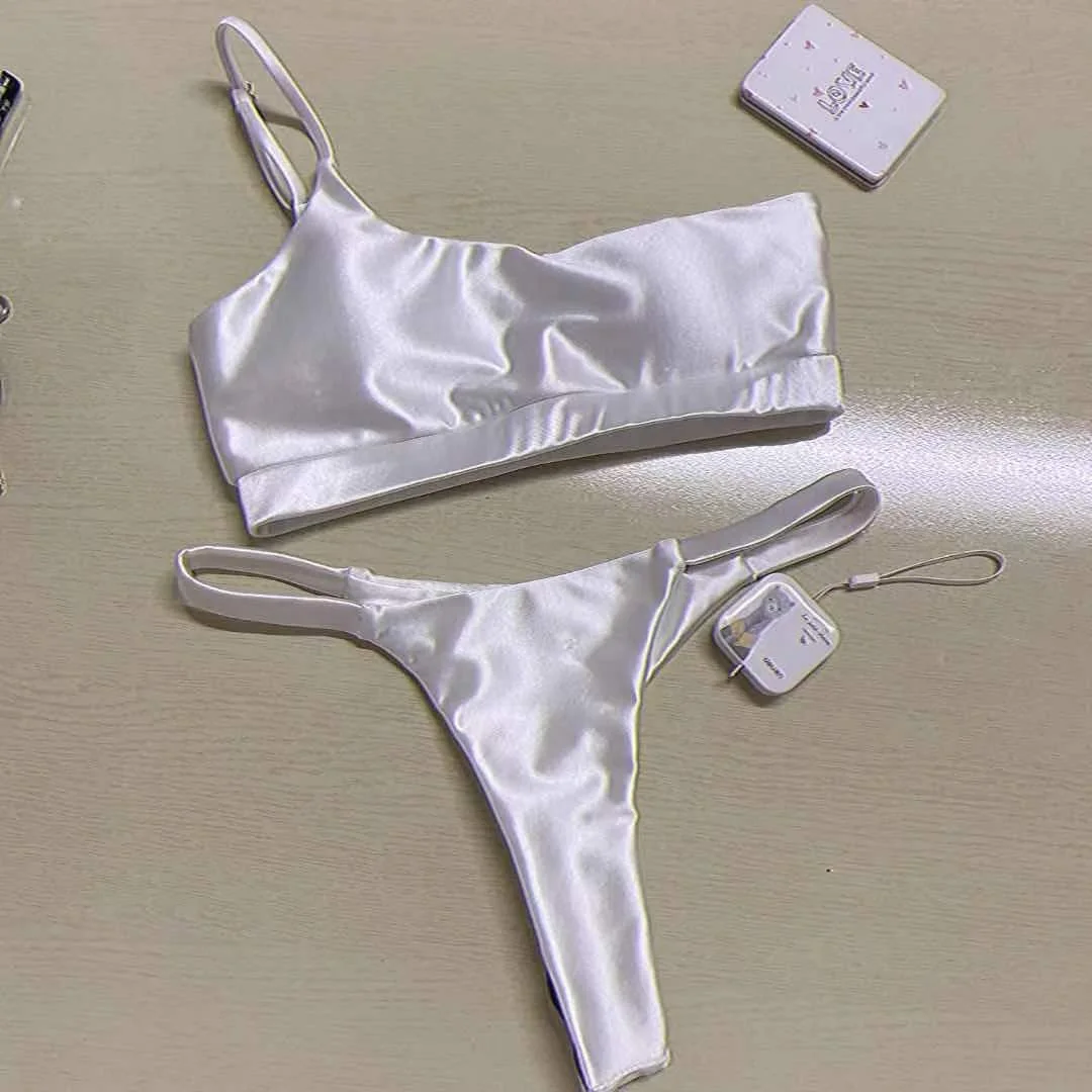 

2021 New Arrivale Women Two Piece Satin Bikini Luxury White Shiny Satin High Quality Bikini Swimwear, Customized color