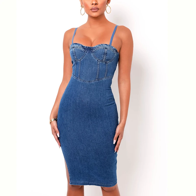 

Sexy Casual Streetwear Blue Jean Women Removable Spaghetti Straps Chest Pad Bodycon Midi Denim Dress 2021