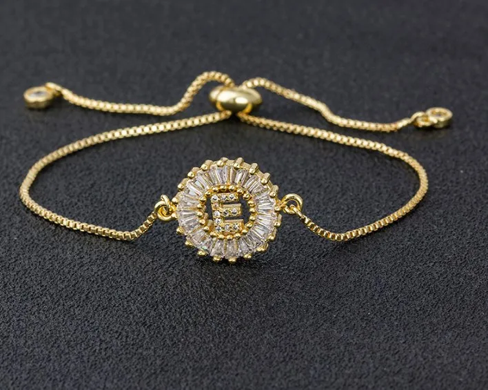 

BR0042 New arrival women jewelry copper metal 18K gold adjustable box chain zircon bracelet with letters