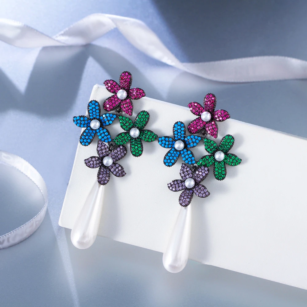 Elegant Cubic Zircon Blooming Red Green Blue Purple Flowers Wedding Brides Long Imitation Pearl Earrings for Women Prom Jewelry