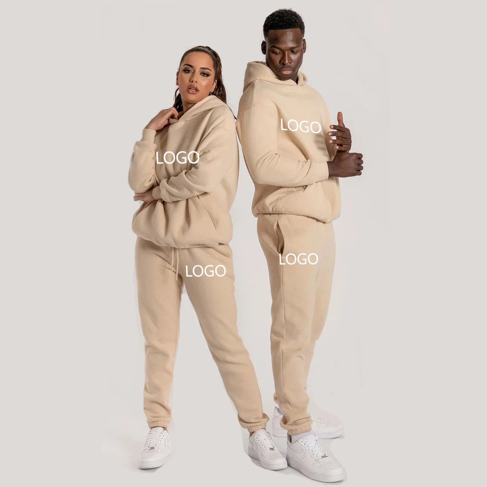 

Custom logo embossed hoodie cotton jogger clothing blank oversize hoodie set unisex