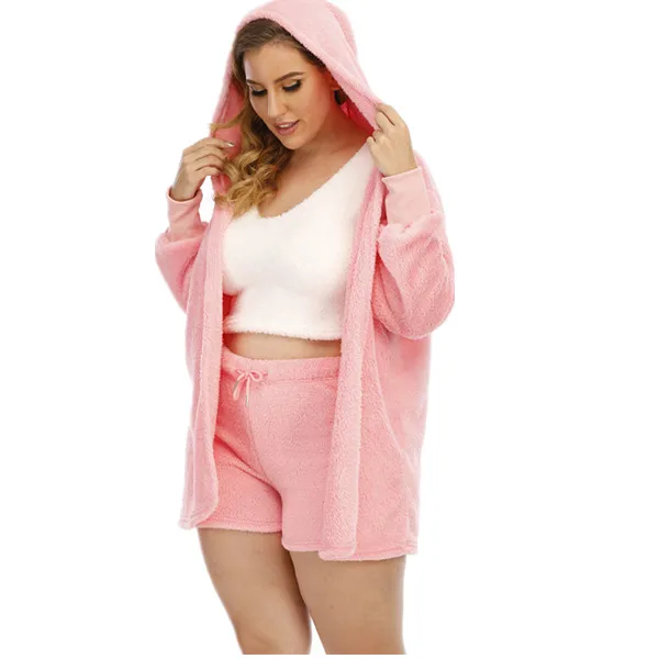 

Winter Warm Women Sleeping Ladies Plush 3 Pieces set solid color Pajamas Plus Size Sleepwear
