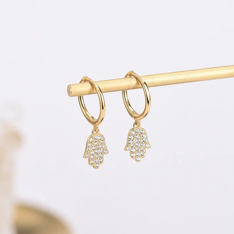 

American European fashion 925 sterling silver devil palm hand full diamond zircon gold plated hoop earrings for women