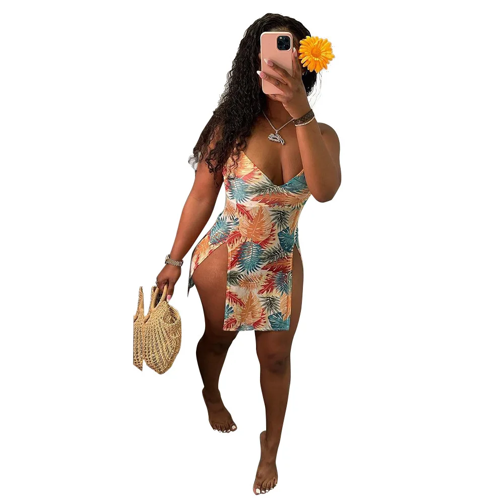 

GQ8055 new coming woman summer split palm leaf dress V-collar sexy dress, Picture color