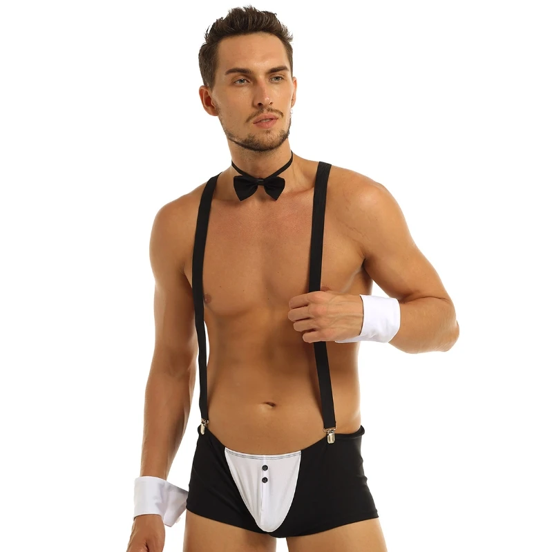 

iEFiEL Novelty Mens Waiter Tuxedo Lingerie Set Sexy Boxer Briefs Underwear Bow Tie Collar and Bracelets Hight Quality