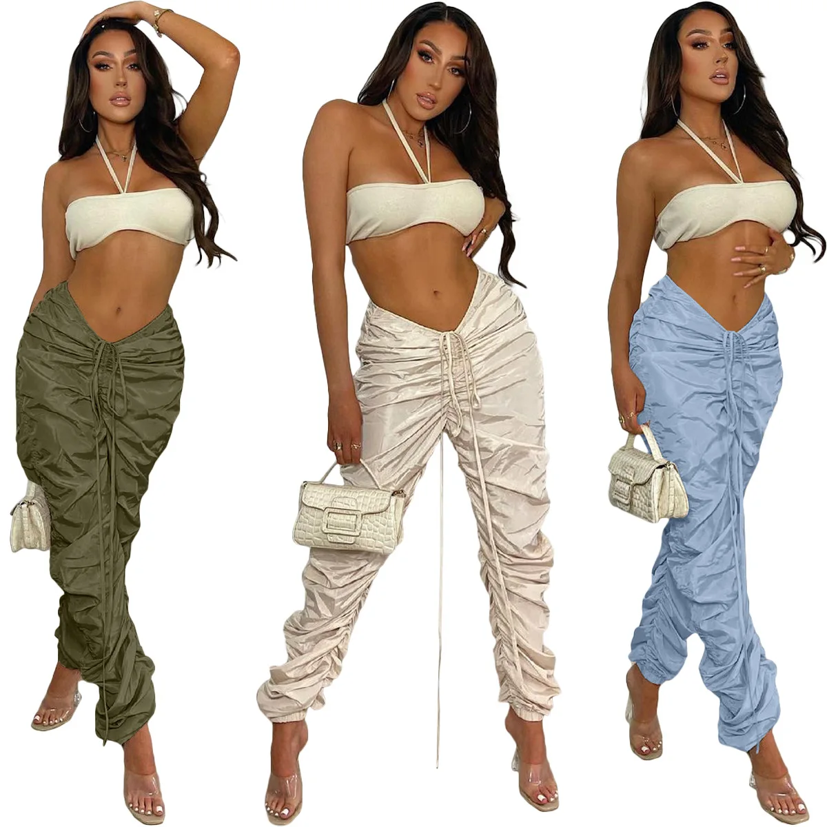 

Y7027 Trendy casual solid fall sport pant stacked jogging pants pleated drawstring workout anti-pilling women's trousers & pants