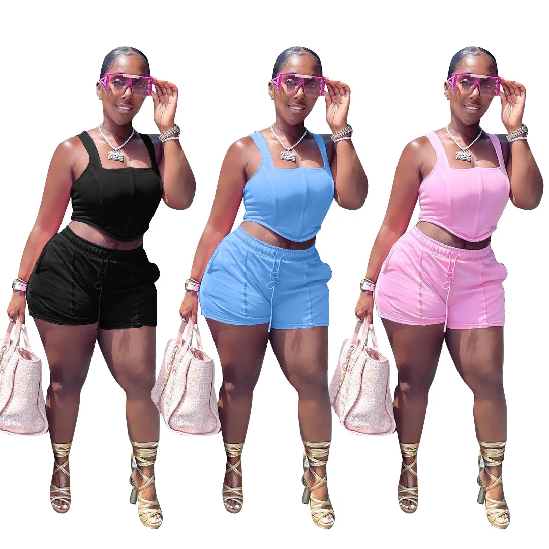 

Hot Selling Women Summer Clothes 2021 Solid Color HOBISH Drawstring Casual Set 2pc Woman