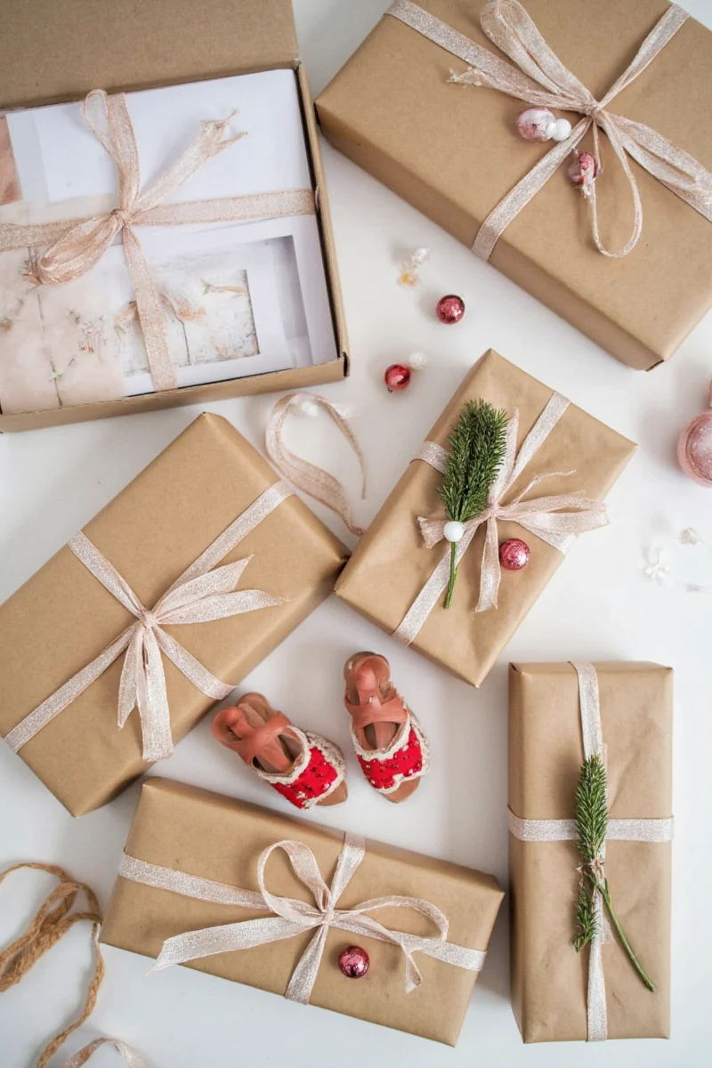 Gift wrapped in brown paper with fabric overlay
