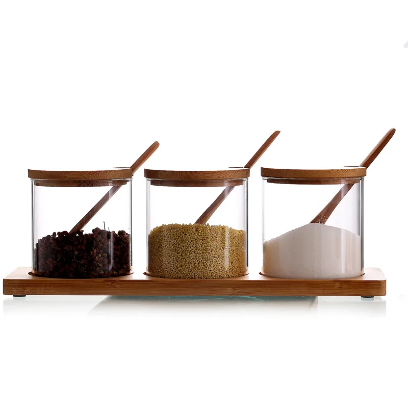 

High borosilicate glass seasoning jar set with bamboo lid spoon and tray