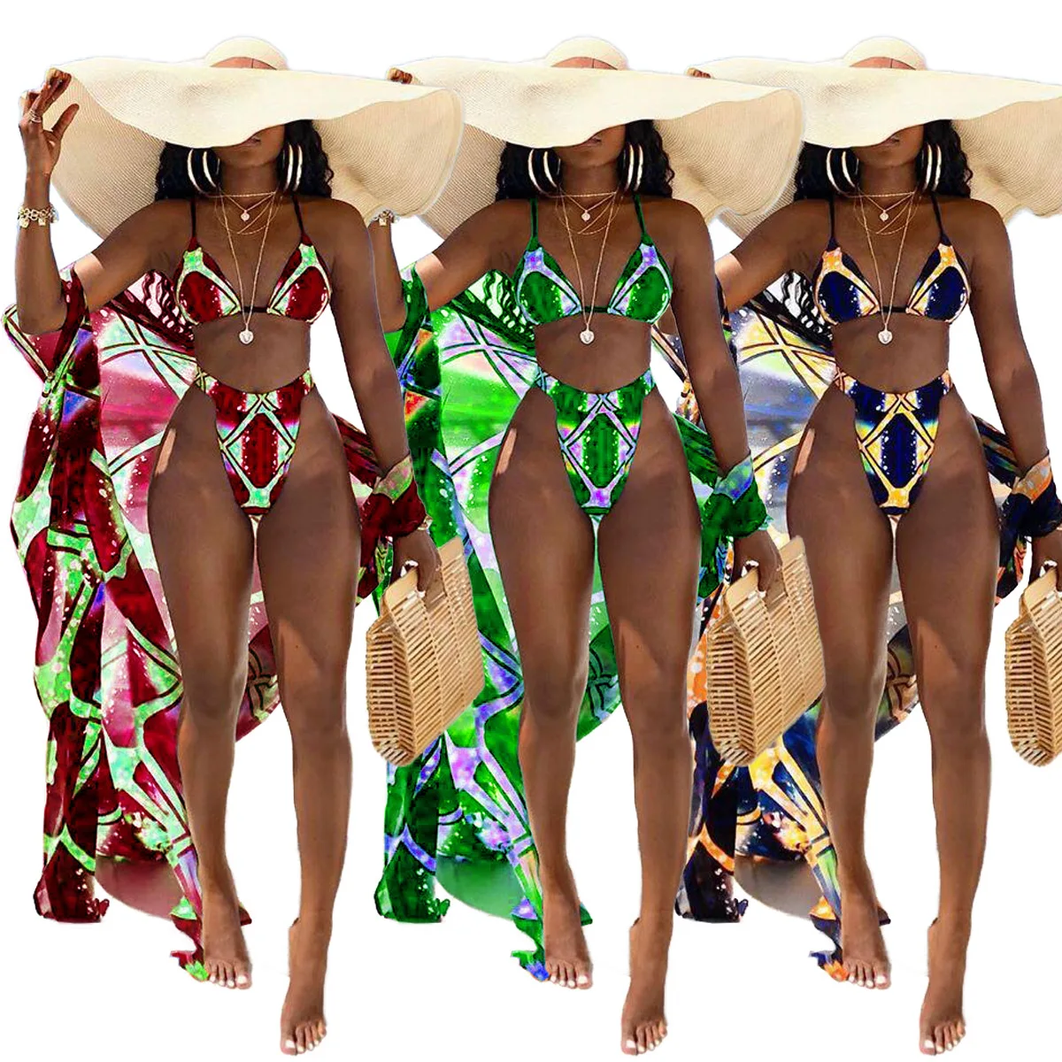 

Women Hot 3pcs Swimsuit Digital Printing Cardigan Long Sleeved Blouse Short-Sleeved Split Swimsuit Three-Piece Bathing Suit, Customized color