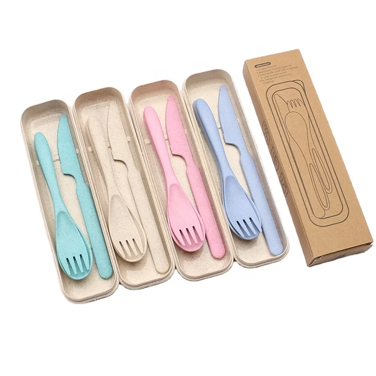 

Portable Cutlery Plastic Utensils Set Baby Kids Dinner Biodegradable Colored Wheat Straw With Case, Green/beige/pink/blue