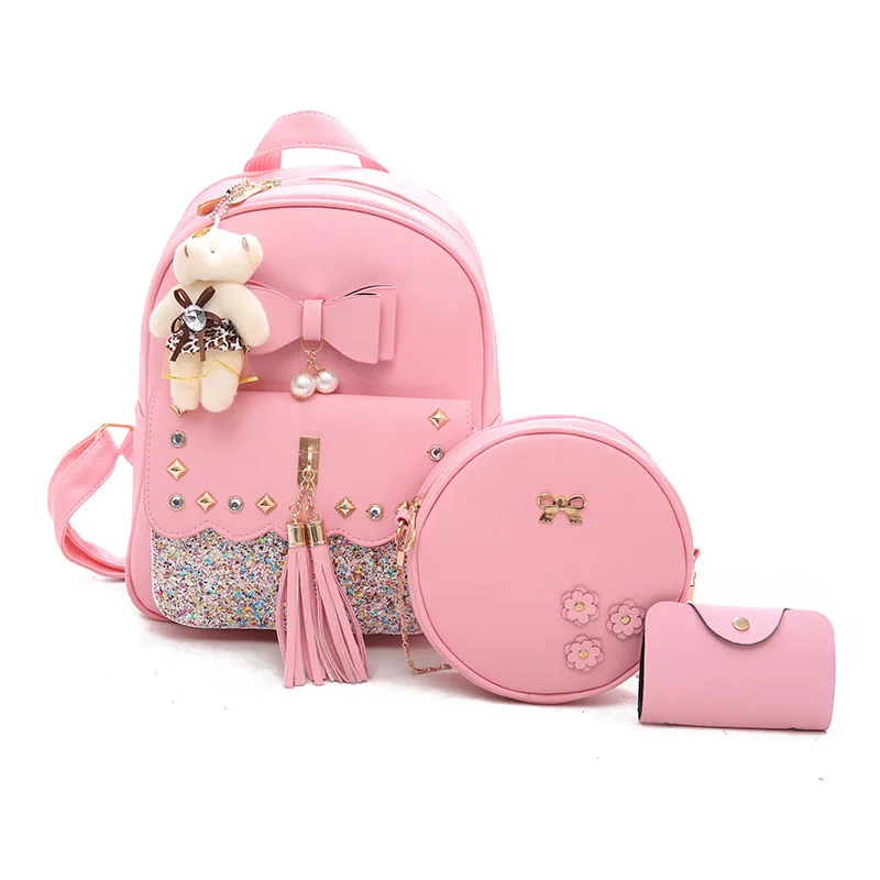 

Modern Multifunctional Flower Bowknot Decoration Tassel Pendant Three-Piece Sets Women Backpack, Black/pink/beige
