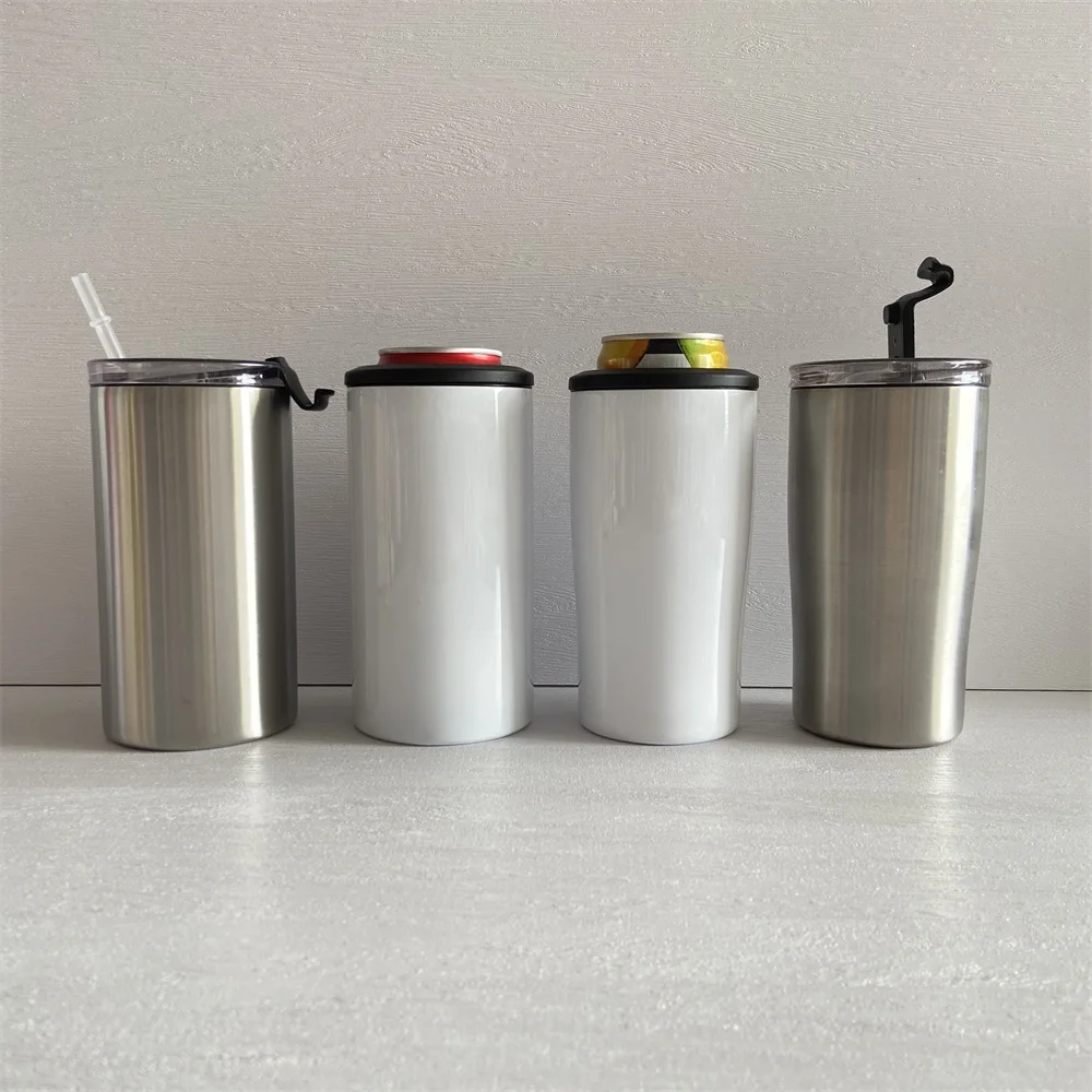 

Wholesale price double wall 4 in 1 can cooler with lid sublimation blank, Customized color acceptable