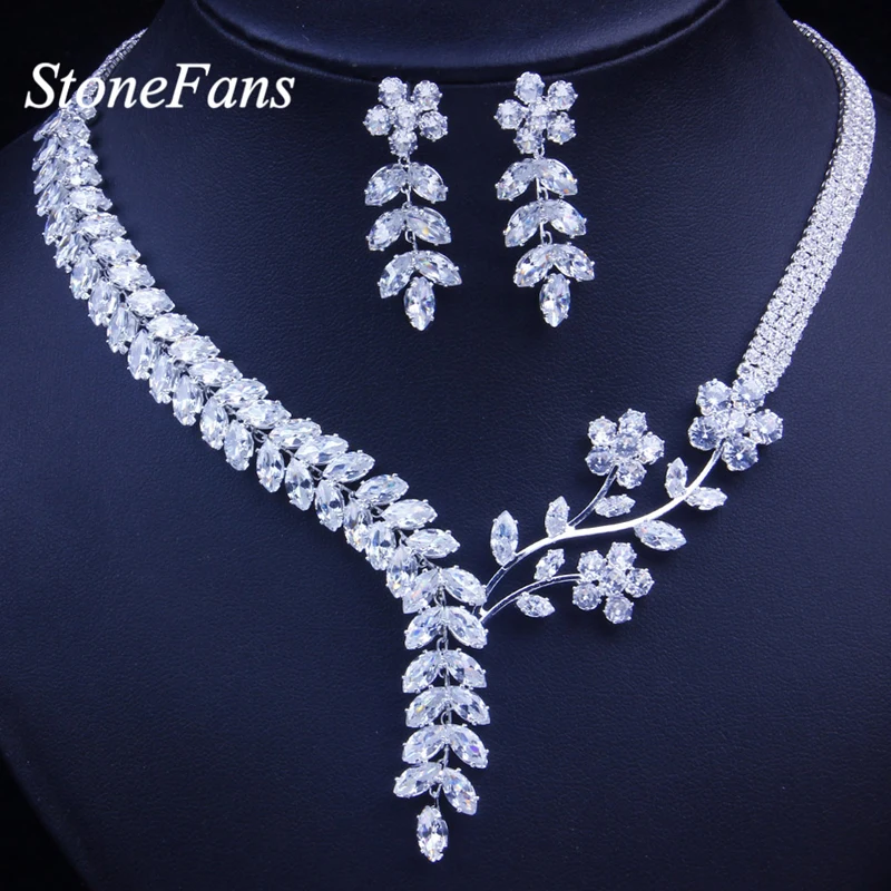 

StoneFans Newest Luxury Sparking Flower Brilliant Cubic Zircon Clear Necklace Earrings Wedding Bridal Jewelry Sets Bride Gifts, Silver color