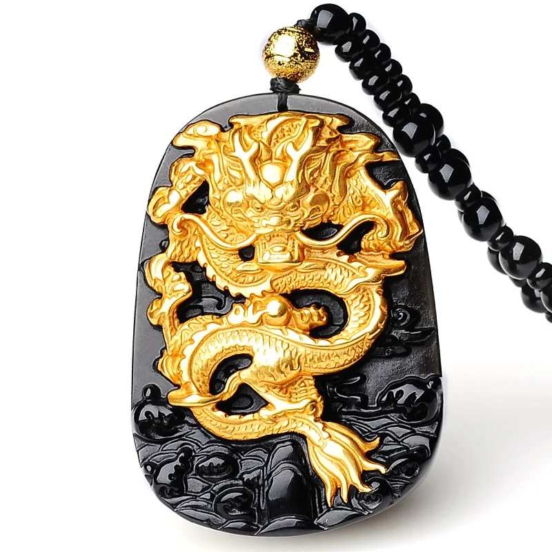 

Wholesale Gold Natural Black Obsidian Carving Dragon Lucky Amulet Pendant Necklace For Women Men pendants Jewelry HYSJ