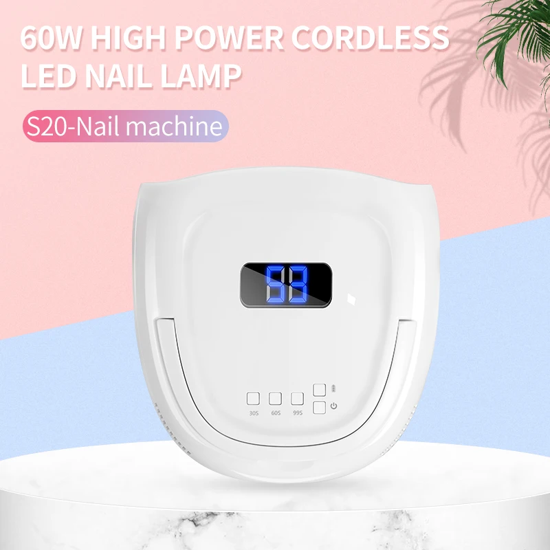 

2020 new arrival 60W cordless wireless rechargeable gel uv led nail lamp, White