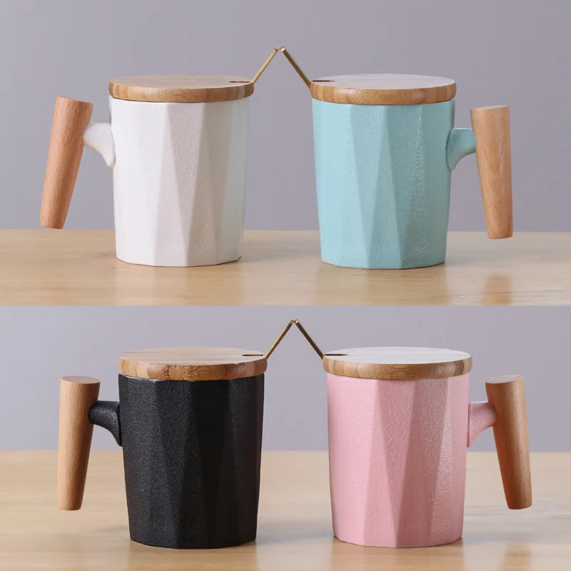 

Nordic Creative Wood Handle Snow Glazed Ceramic Mug With Lid Cups Milk Mug Spoon Wholesale