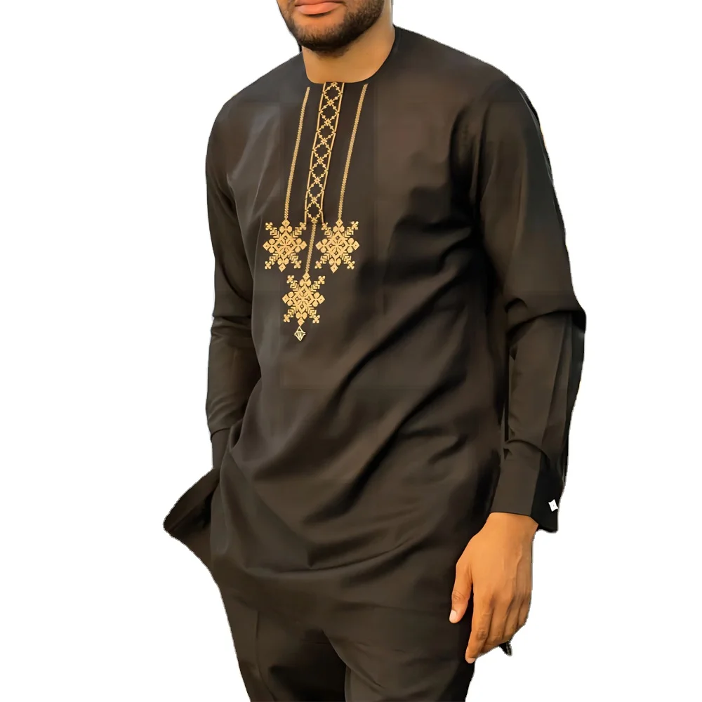 

M-4XL New African Ethnic Style Men's Embroidery Shirt And solid color drawstring pants 2-piece suit oversized