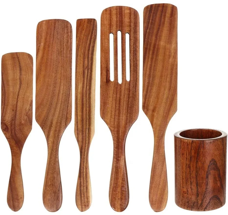 

Teak Utensils with Wooden Barrel, Non-Stick Utensils Tools Wood Kitchen Utensils for Mothers Day Gift Salad Mixing, Cake Making