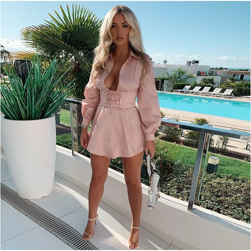 

B23922A Fashion retro deep-V Casual Dress sexy tight shirt pleated dress