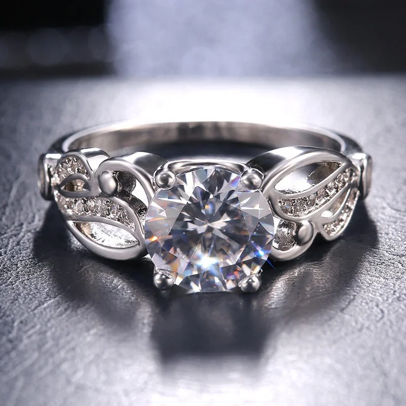 

Luxury Fashion Female Round Stone Ring Crystal Silver Color Zircon Ring Promise Love Wedding Engagement Rings For Women