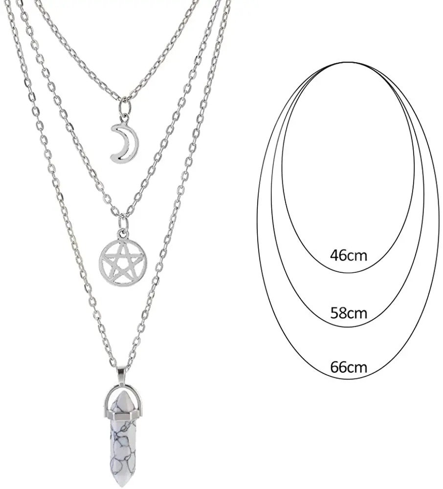 MJartoria Moon Pentagram Necklace Pentacle Chakra Charm Pendant 3 Multi Layer Alloy Chain Choker Necklace Set Gothic Jewelry