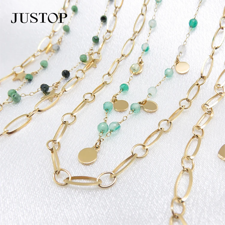 

Luxury Gemstone Jewelry Star Heart Stainless Steel Gold Plated Black Agate Beads Charms Choker Necklace