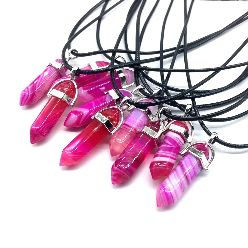 

2020 New Natural Stone Pendants Necklace Wire Cord SIlver Color Hexagonal Pointed Healing Reiki 7 Chakra Pendulum Drop, Pink green blue etc