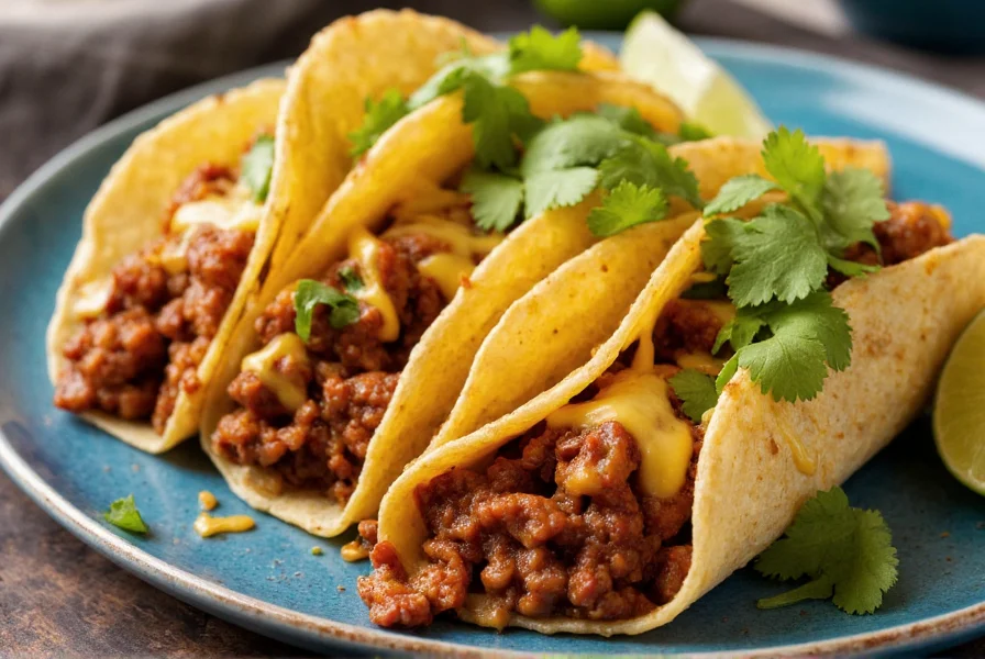 Close-up of authentic chili tacos with melted cheese, fresh cilantro, and lime wedges on blue ceramic plate