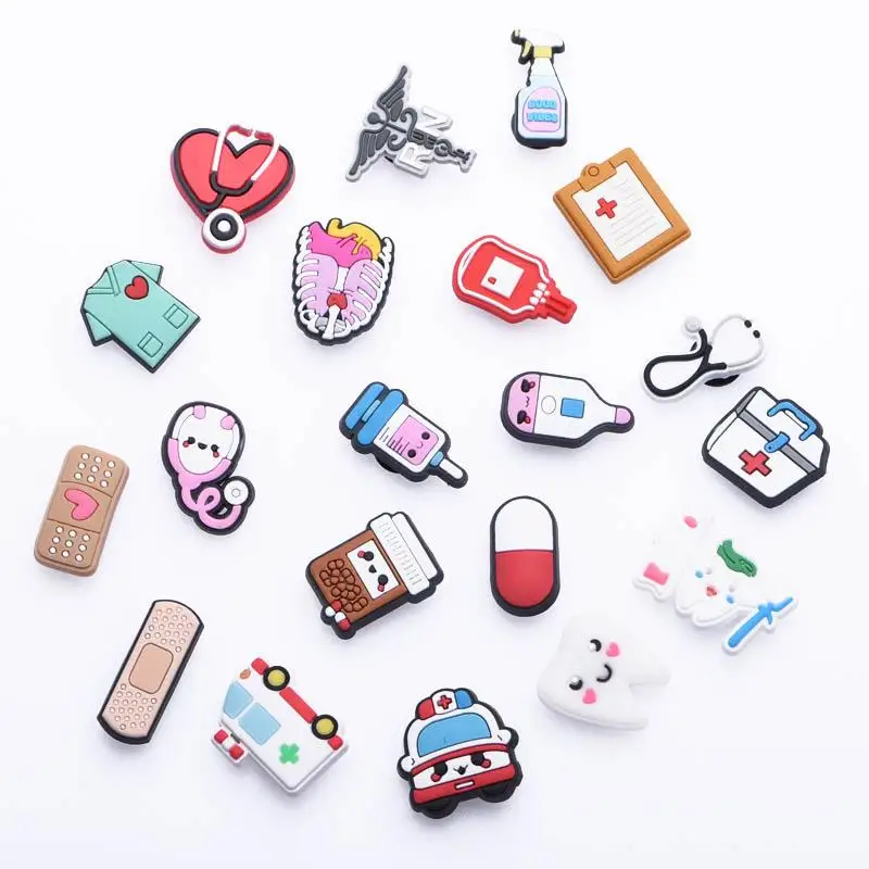 

Medical PVC Shoe Charms Accessories Cute Pill Stethoscope ambulance Shoe Decoration JIBZ fit Croc Charms Bracelet Kids Gift, As pictures show