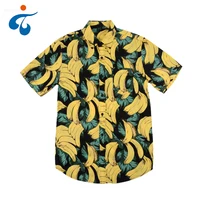 

New promotion fashionable bright yellow men banana printed funny hawaiian aloha shirts