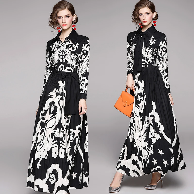 

New arrival european stylish high end casual fashion a line polo neck pleated long sleeve floral print maxi ladies winter dress, Picture color