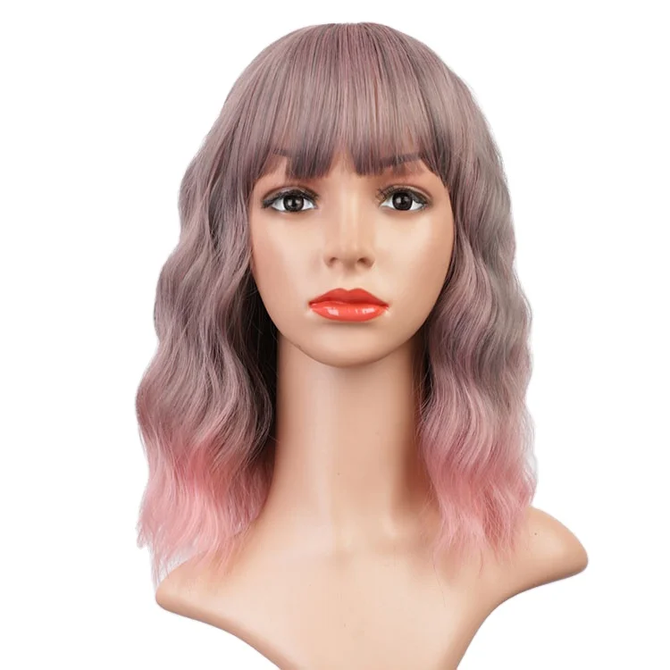 

Aisi Hair New Design 14 Inch Short Wavy Water Wave Short Bob Mixed Pink Gray Wig With Bangs For Black Women Synthetic Hair Wigs