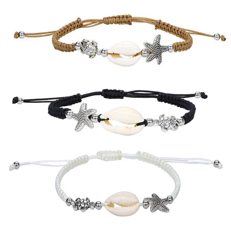 

Adjustable Women Boho Handmade Jewelry Hand-woven Wax Shell Turtle Starfish Charm Bracelets